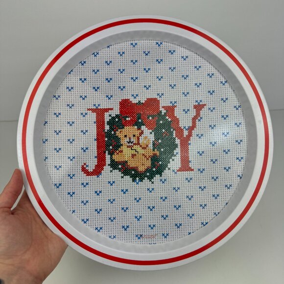 Vtg Round Metal Tin Tray Joy Printed Cross Stitch Design Teddy Bear SNP Chicago - Picture 1 of 13